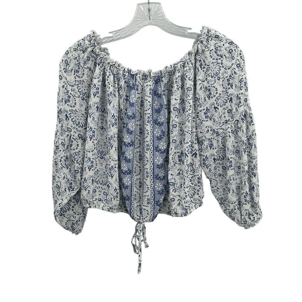 Hollister Women's Boho Floral Tie Front Blue Ruffle Trim Cropped Top Size Medium